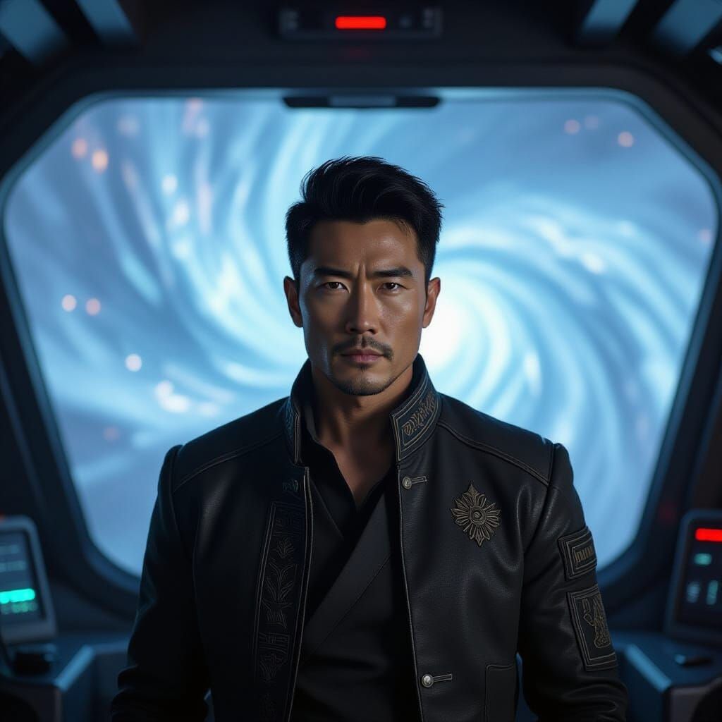 Asian Spaceship Captain Amidst Nebula