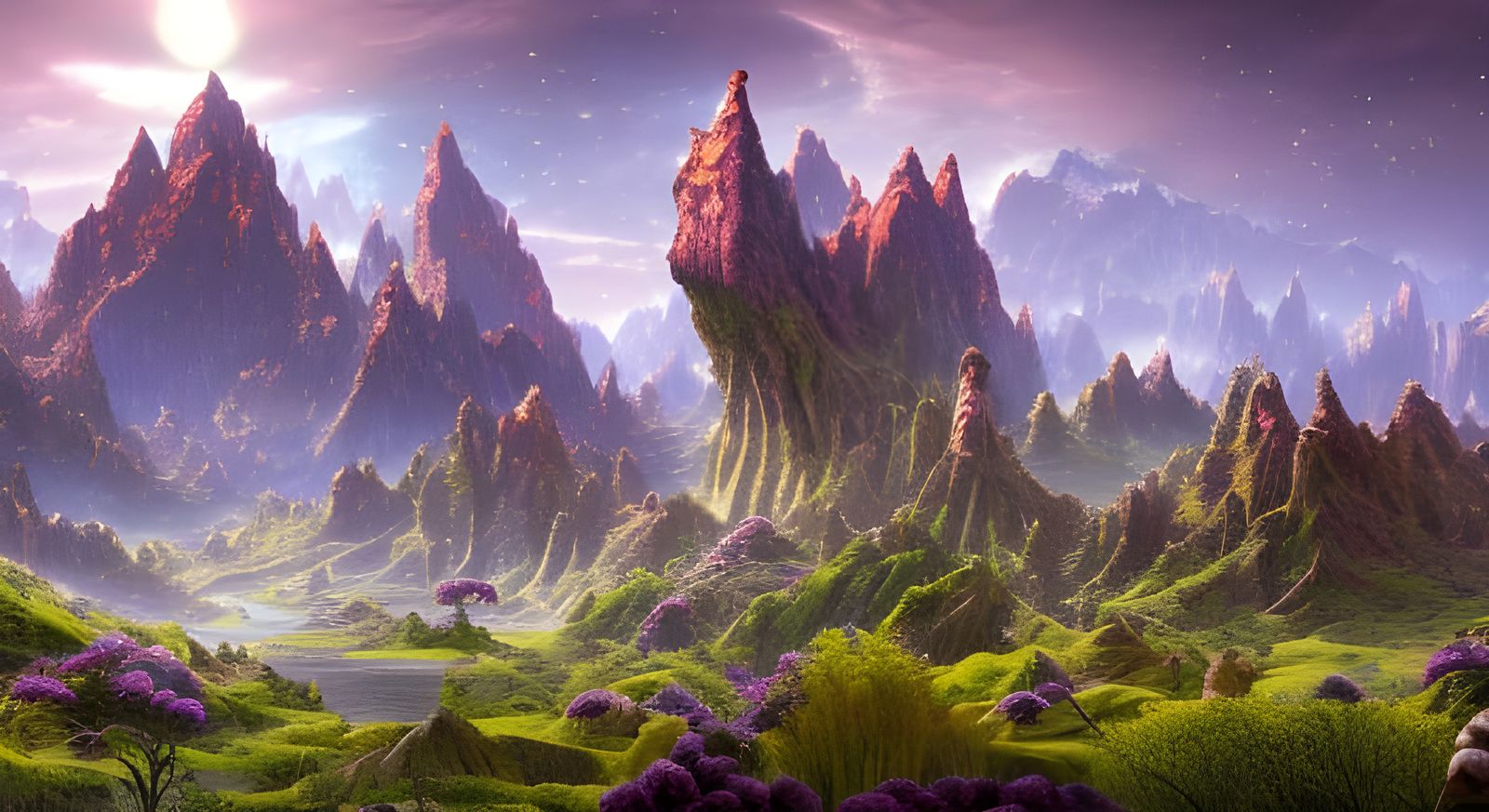 Blooming Alien Landscape with Mountain in Fantasy Art