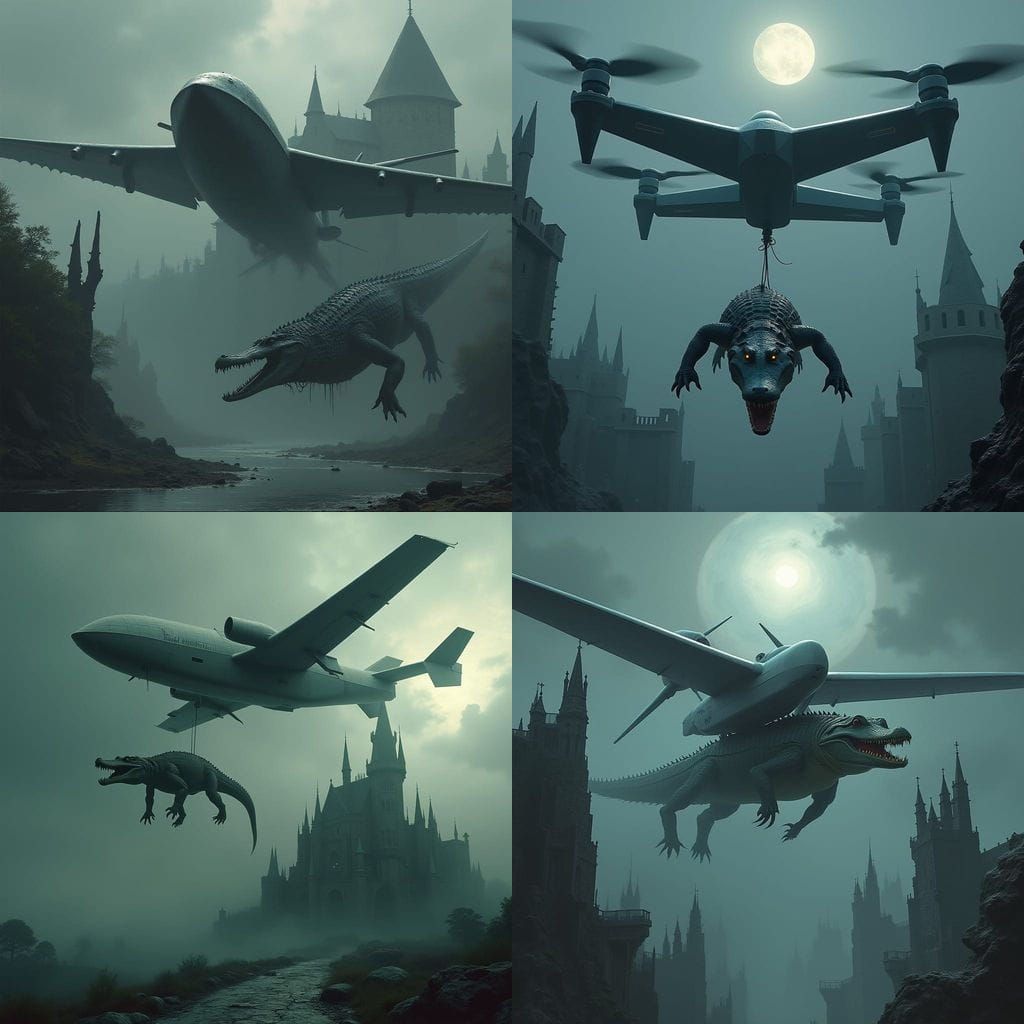 Military Drone Over Sinister Castle with Crocodile