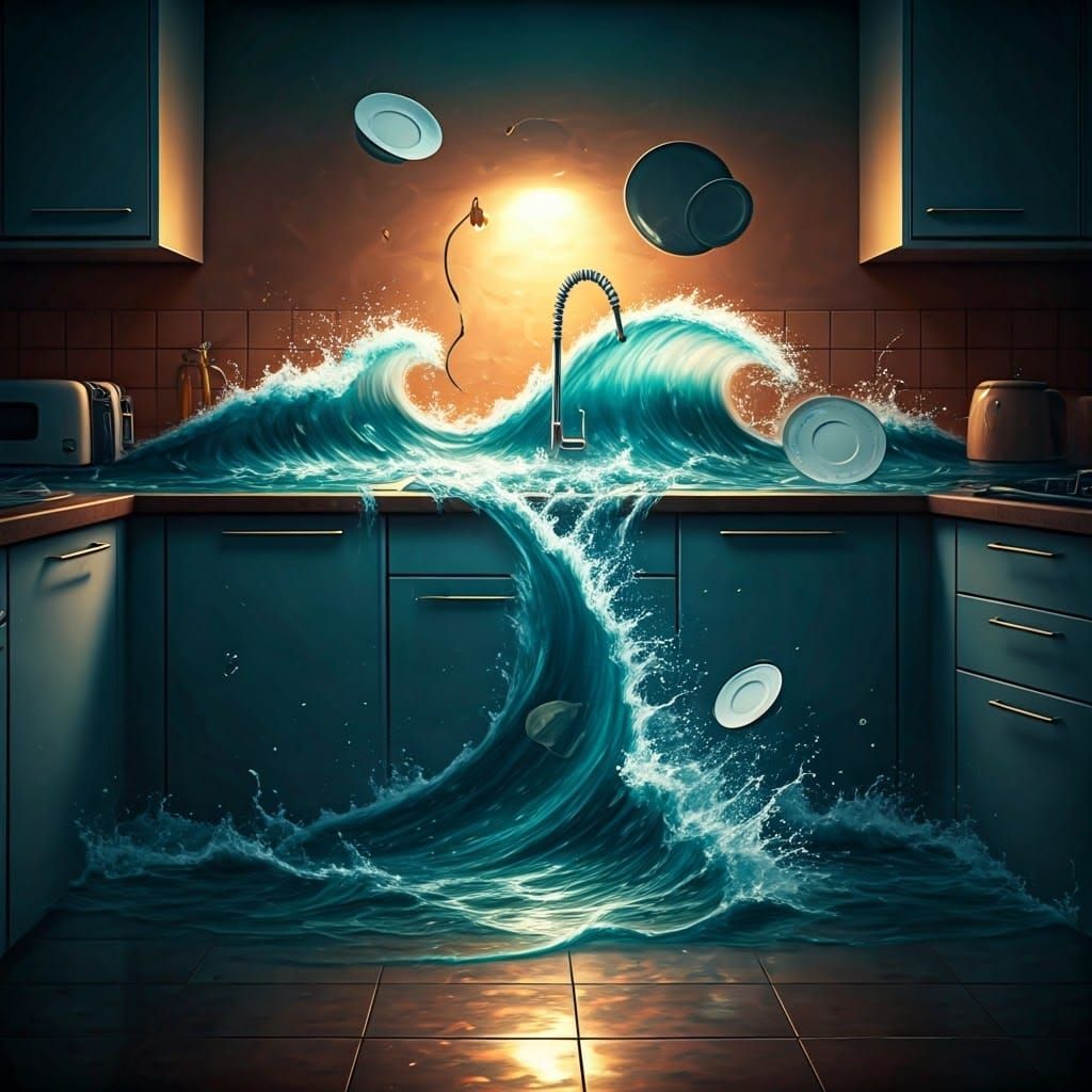 Chaotic Kitchen Sink Overflow in Hyperrealistic Style