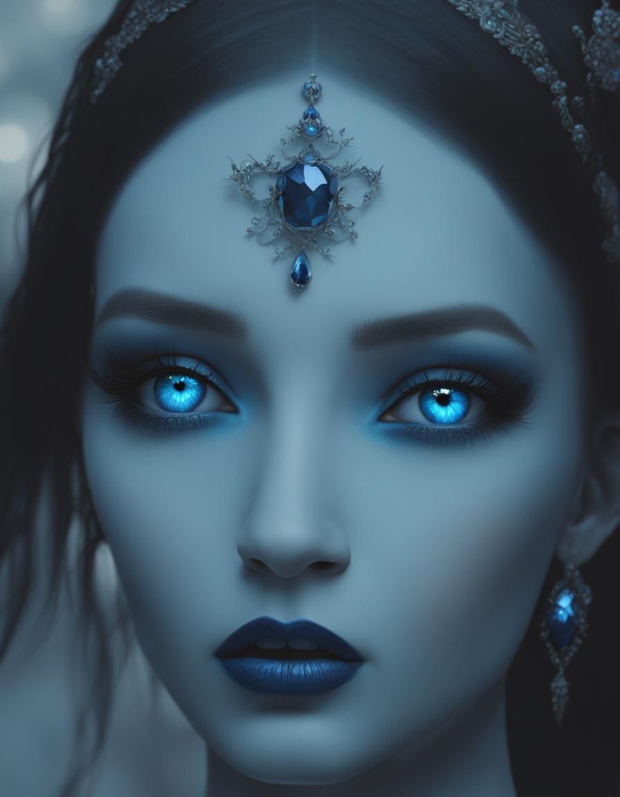 Realistic portrait of gothic beauty with long black hair and Crystal blue eyes with dark blue eyeshadow with black eyeli...