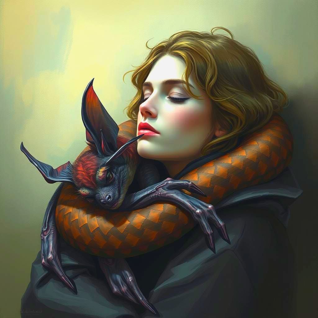 Woman with Dragon-Bat in Sinister Fantasy Art