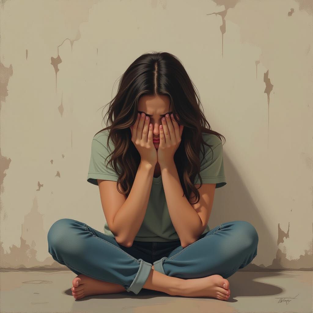 Exhausted Girl Leaning Against Worn Wall