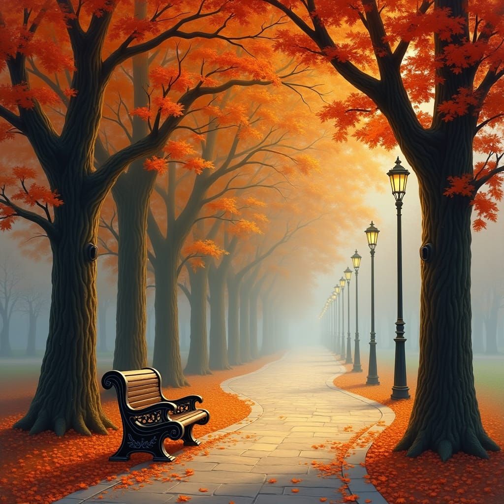 Autumn Park Pathway with Vintage Street Lamps