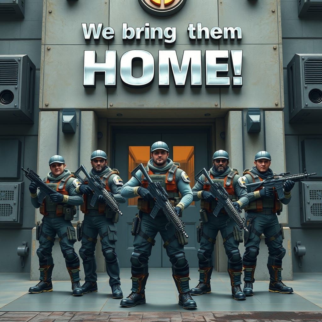 Brave Men in Futuristic Barracks Posing with Plasma Rifles