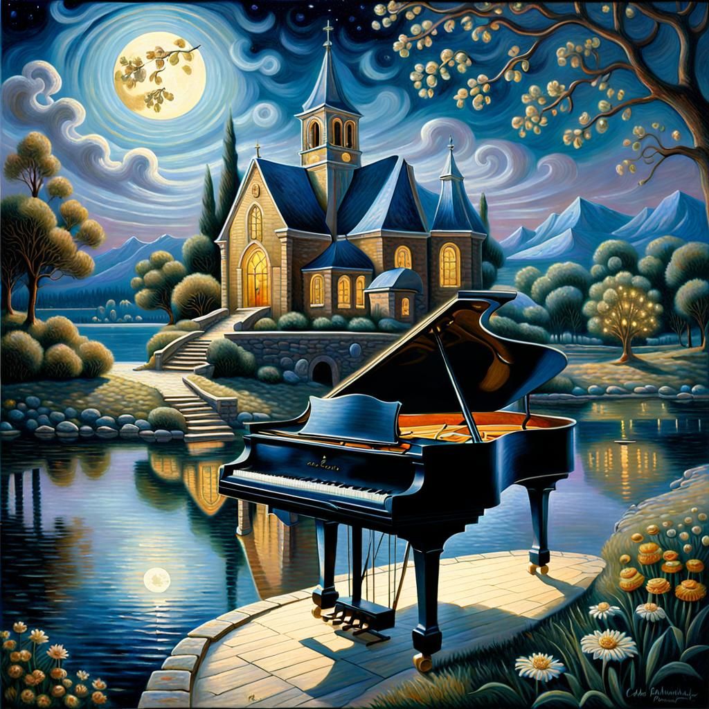 Grand Piano by Lake in Van Gogh Style
