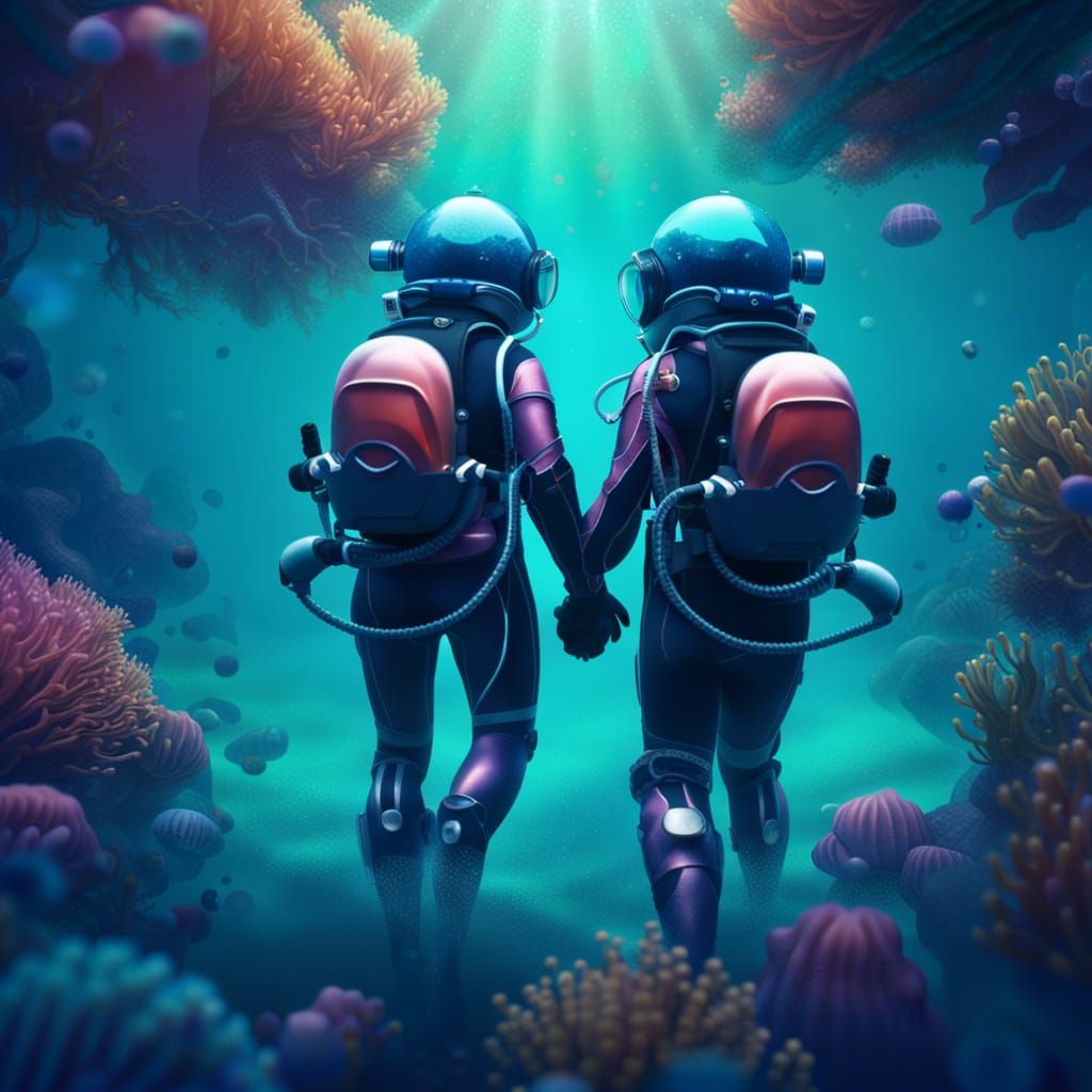 Underwater Scuba Couple in Detailed Digital Painting