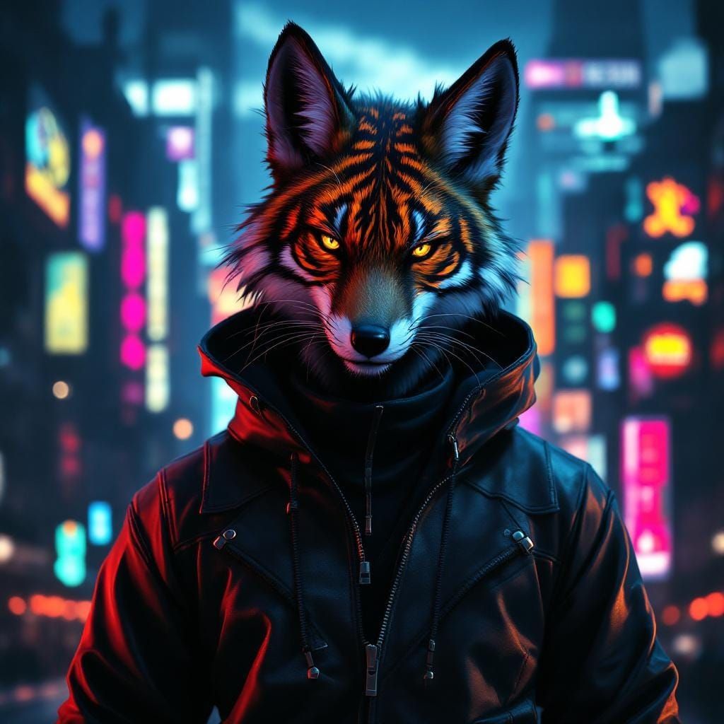 Fox with Tiger Stripes in Neon Cityscape