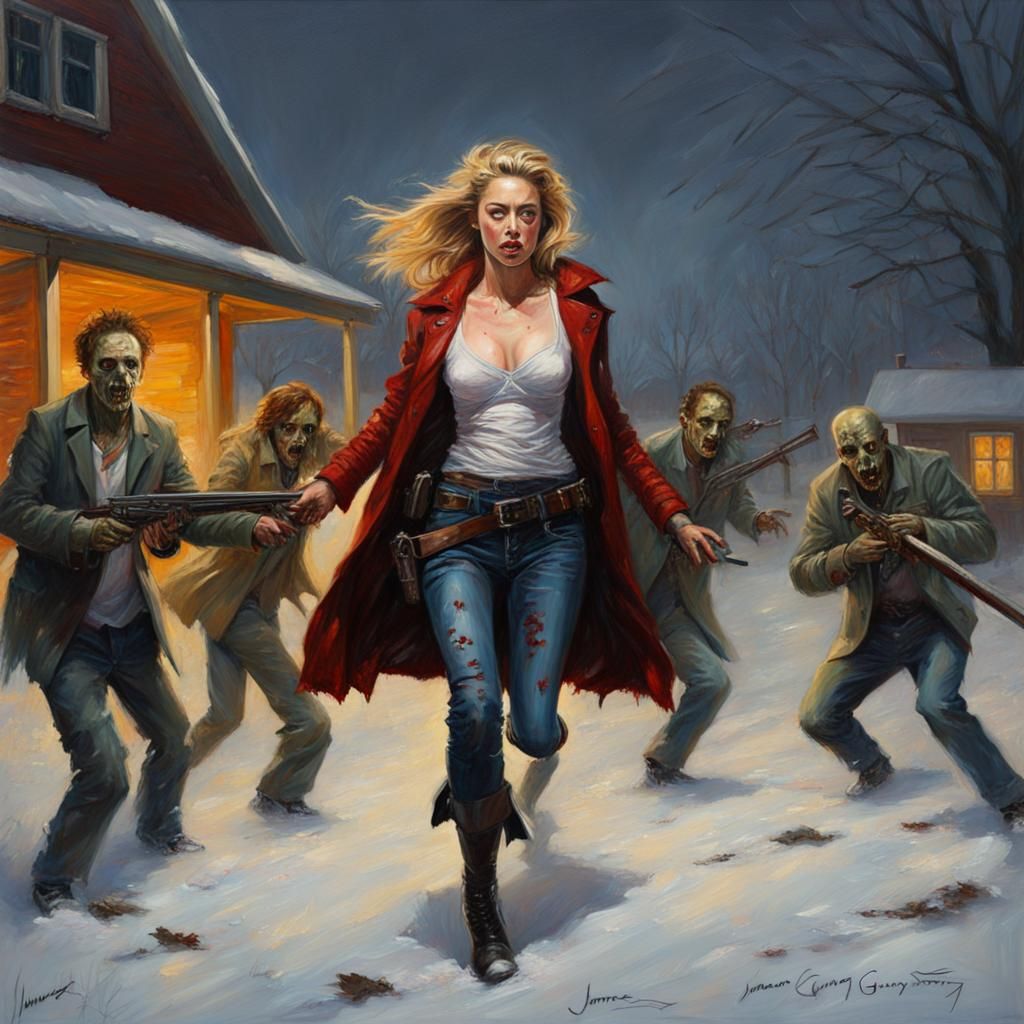 Woman Fighting Zombies on Snowy Halloween, Oil Painting