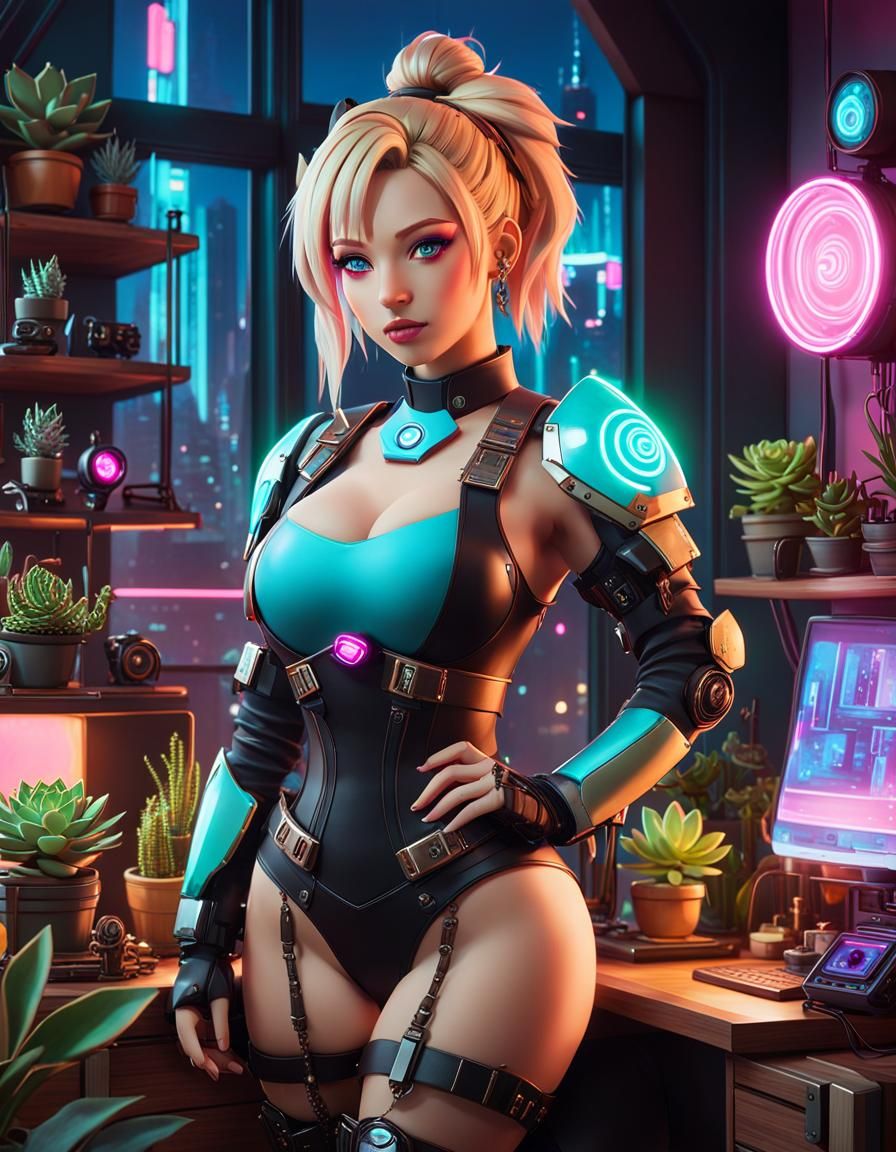 Cyberpunk Protagonist in Maximalist Apartment