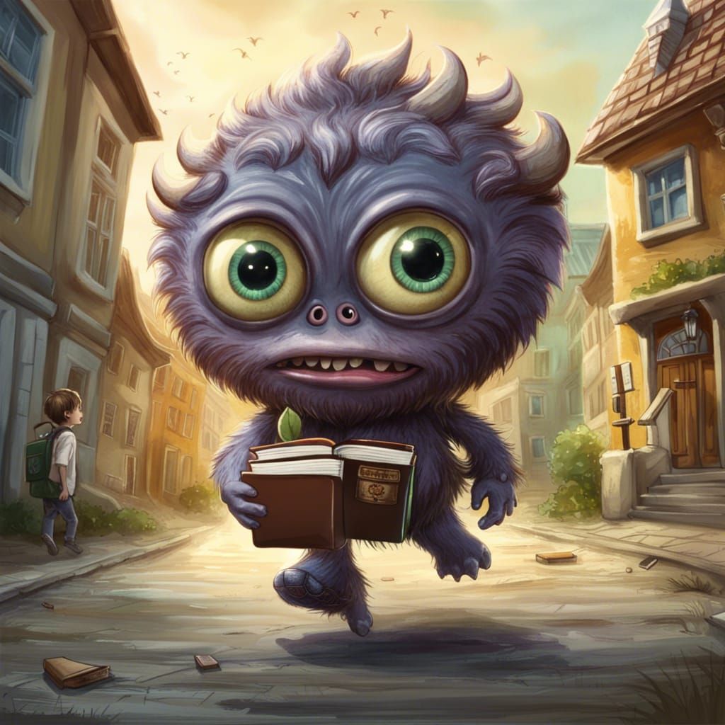 one nervous little cute big-eyed chibi monster carrying book...