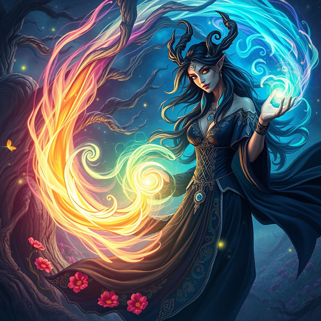 Enchantress Conjuring Magic in Ethereal Realm