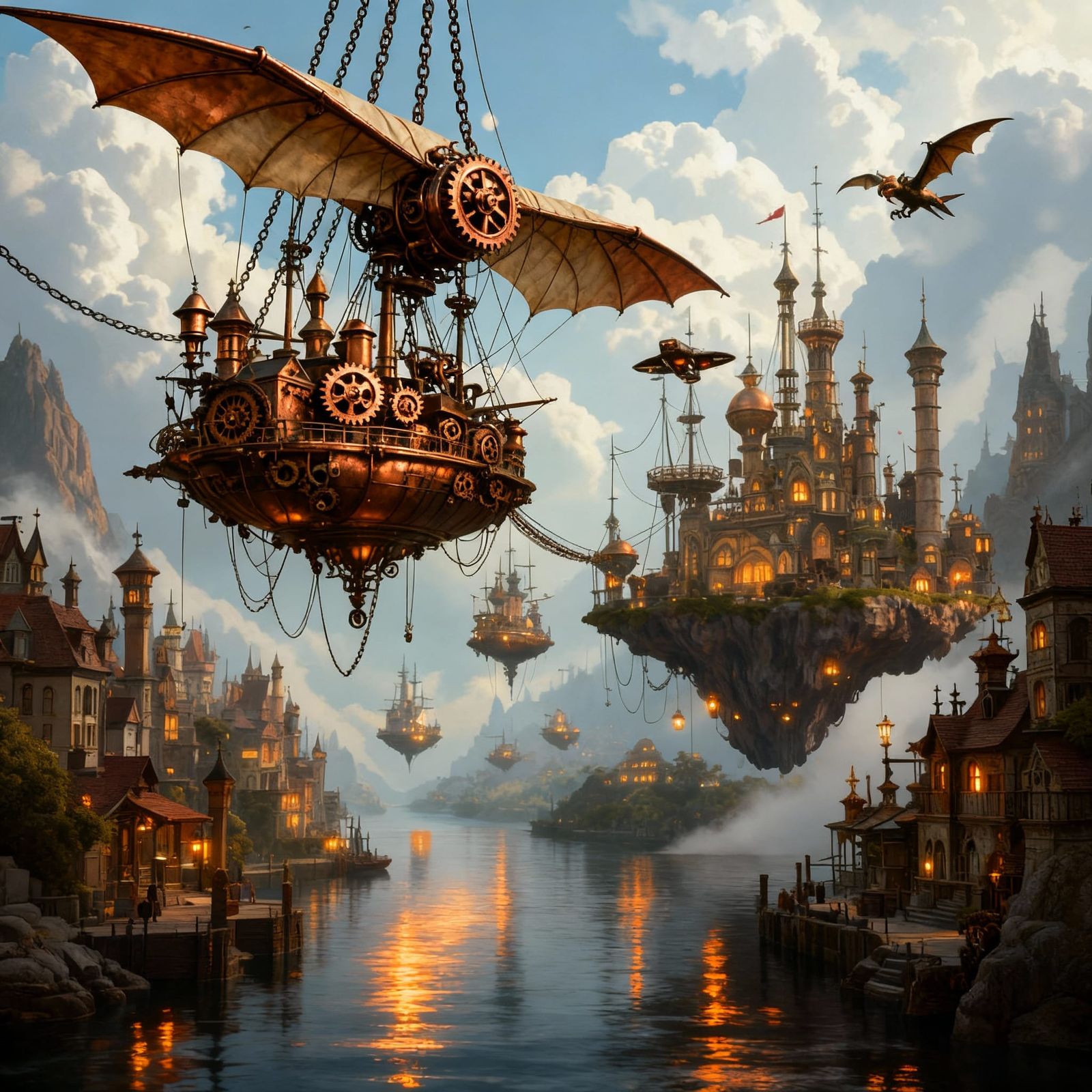 Steampunk Hot Air Balloon Over Water at Sunset