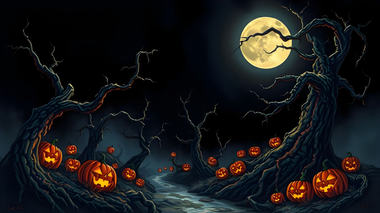 Colorful Halloween Landscape at Night in Horror Style