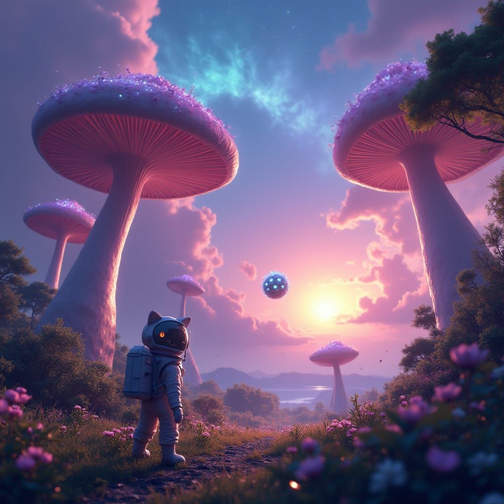 Vibrant Alien World with Bioluminescent Mushrooms and Floati...