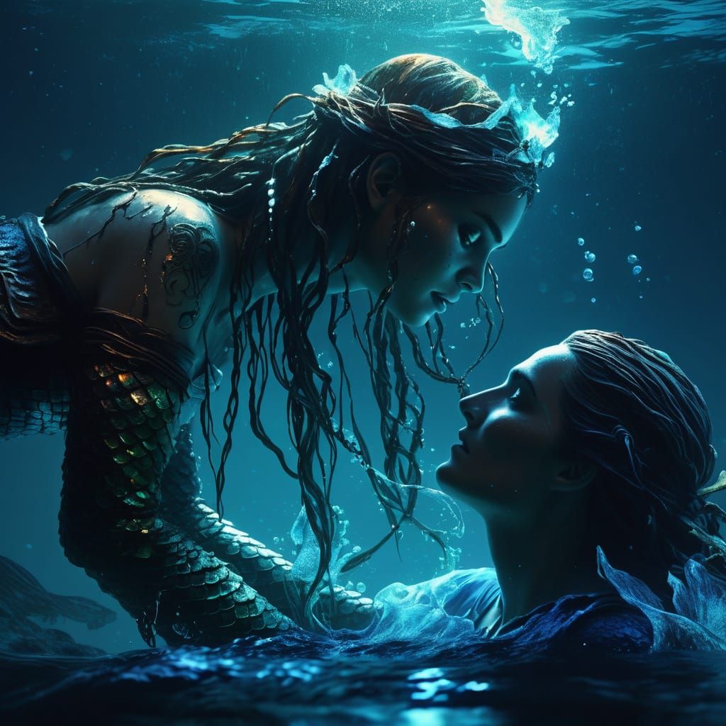 Eerie Mermaid Rescues Pirate: Dark Fantasy Art