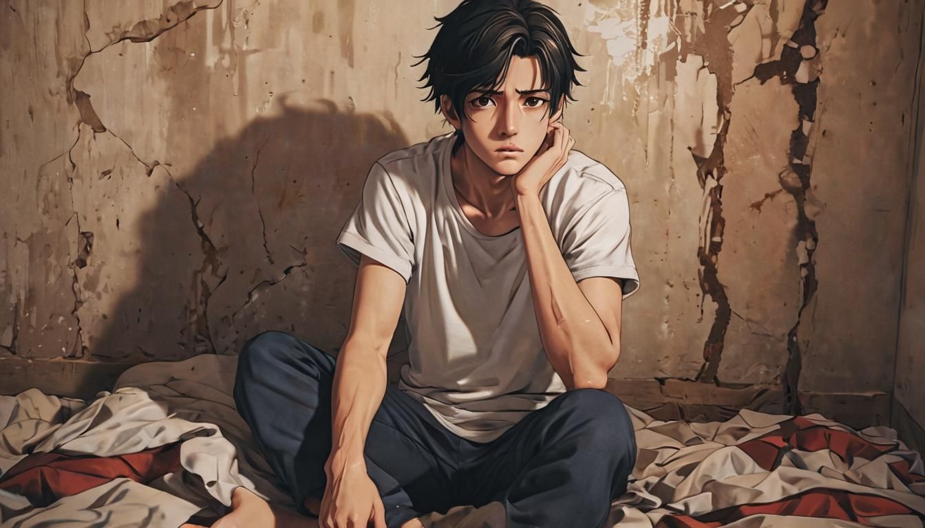 Melancholic Manga Portrait of Young Man in Despair