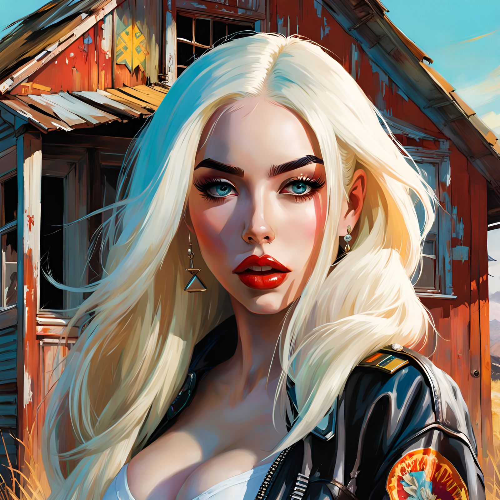 Glamorous Portrait Before Shack, Pin-Up Art Style