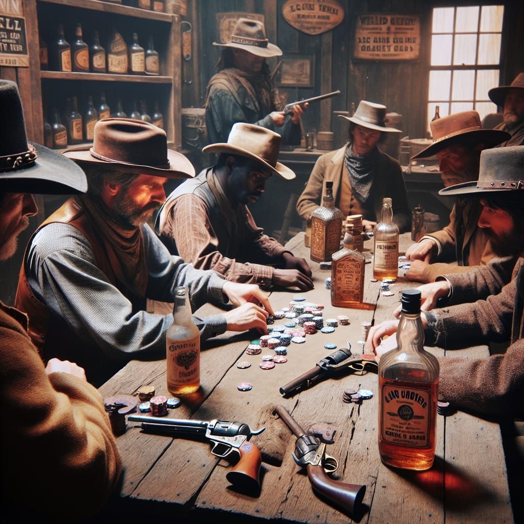 Cowboys' Tense Poker Game in an 1880s Saloon