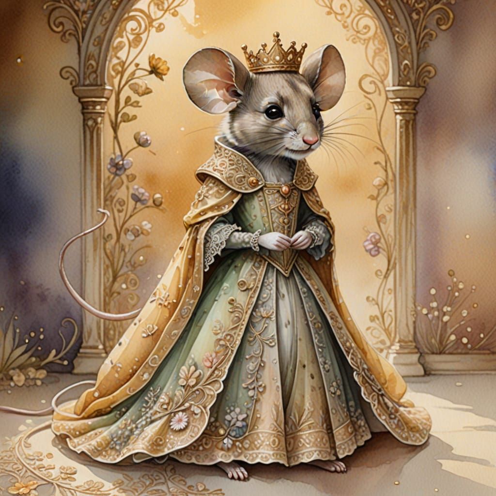 Charming Mouse Bows to King: Watercolor Fantasy