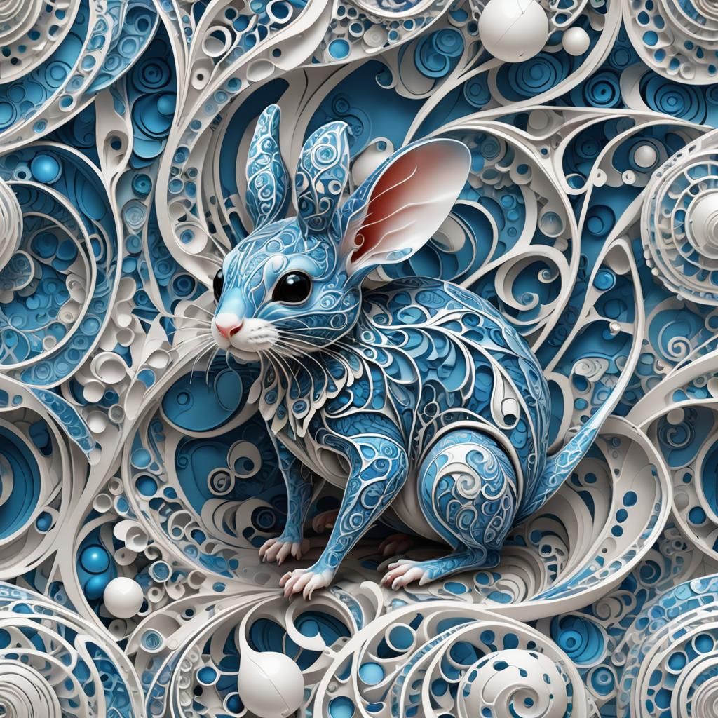 Blue Plush Jerboa on White Ball with Abstract Fractals