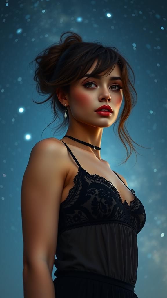 Glamorous Woman in Lace Against Starry Night Sky