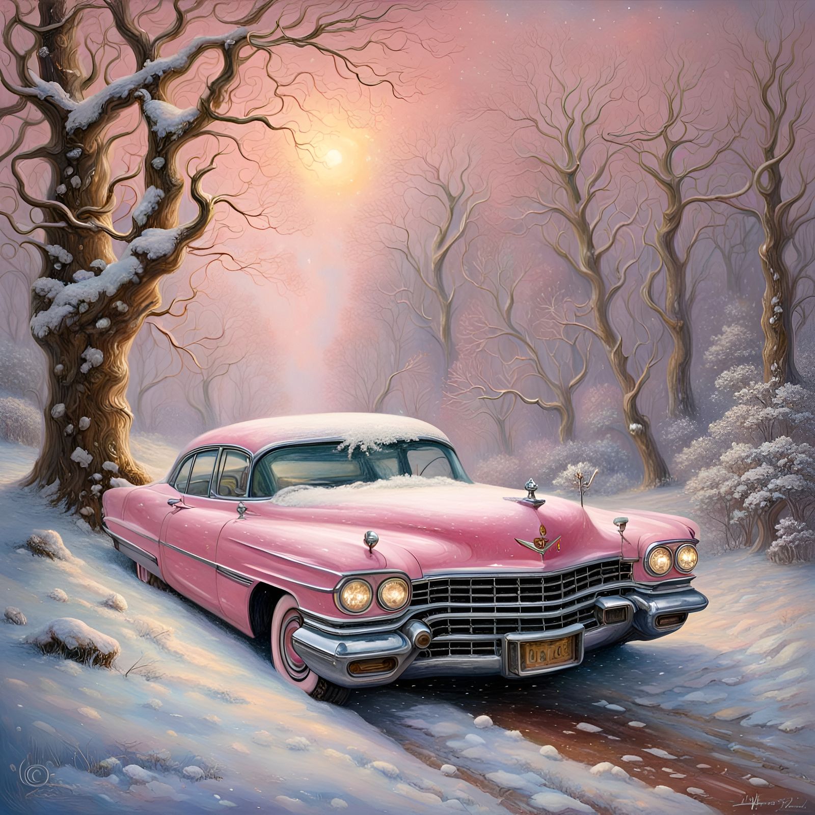 A pink Cadillac stuck in thick snow.