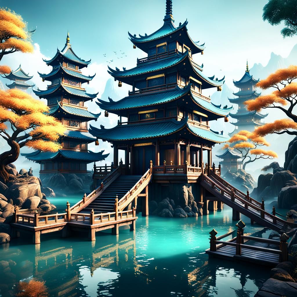 Fantastical Water Pagoda in Detailed Matte Painting