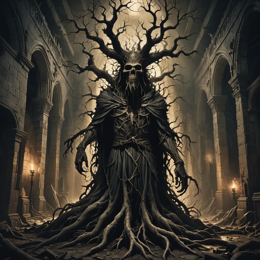 Haunting Creature Emerges in Abandoned Church: Dark Fantasy