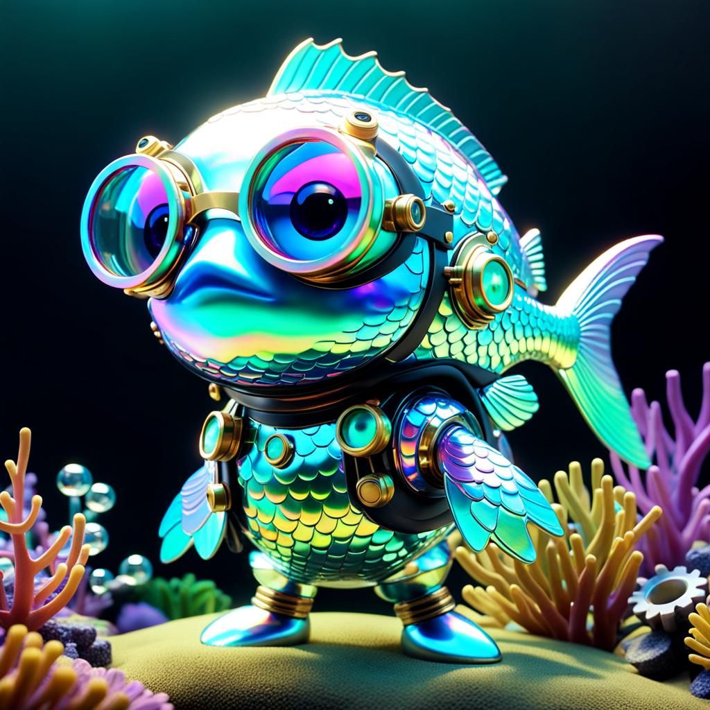 Steampunk Fish Character in Iridescent Underwater World