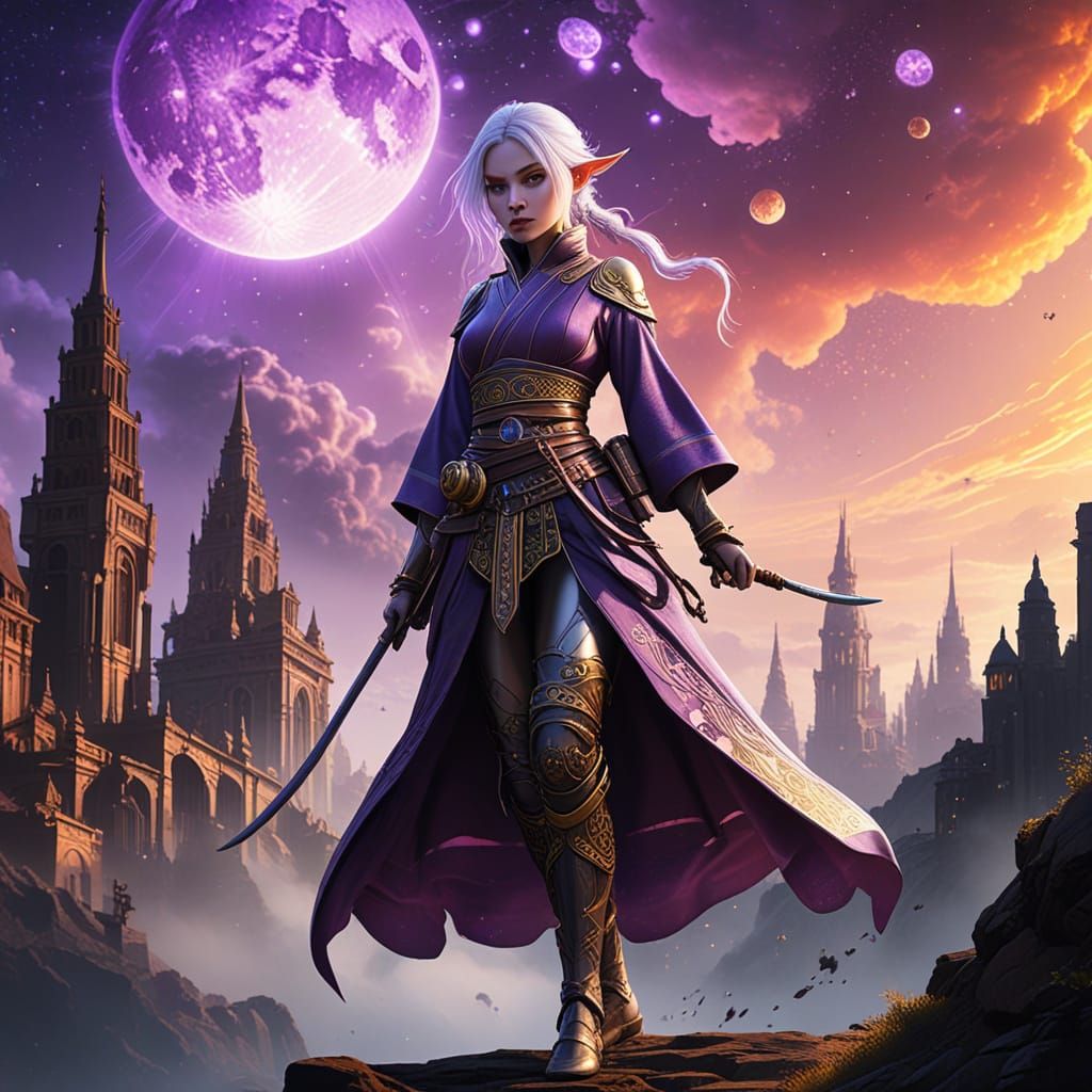 Ethereal Drow Elf Samurai in Vibrant Nebula Background