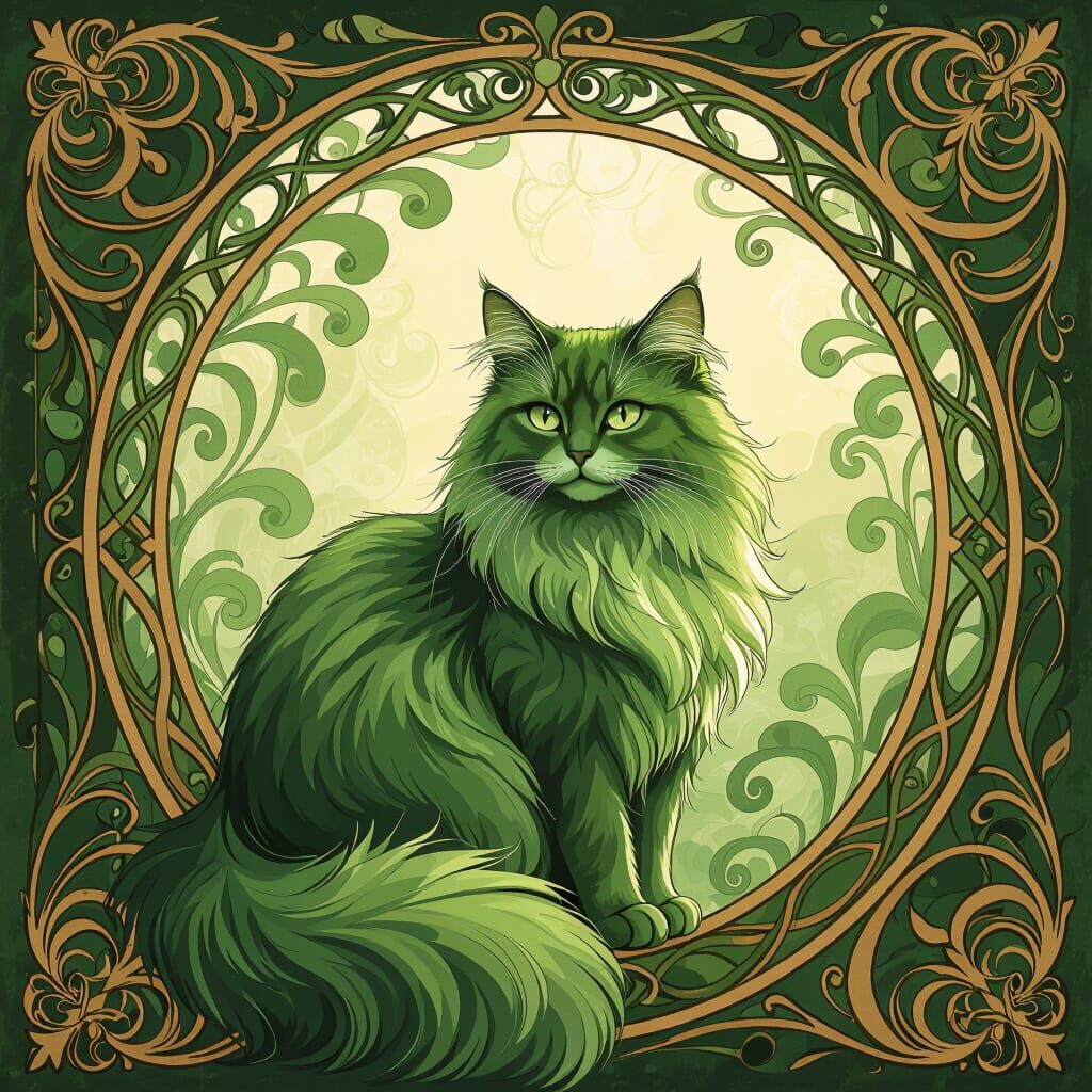Elegant Green Fluffy Cat in Art Nouveau Style