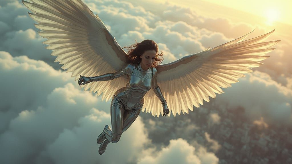 Chrome Superheroine Soaring Above Metropolis