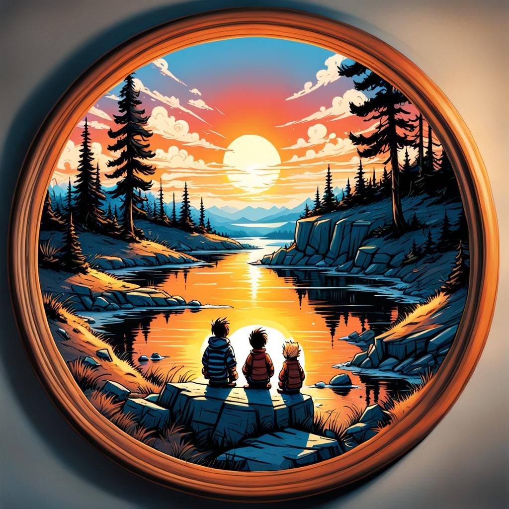 Calvin and Hobbes Watch Sunset in Circular Frame