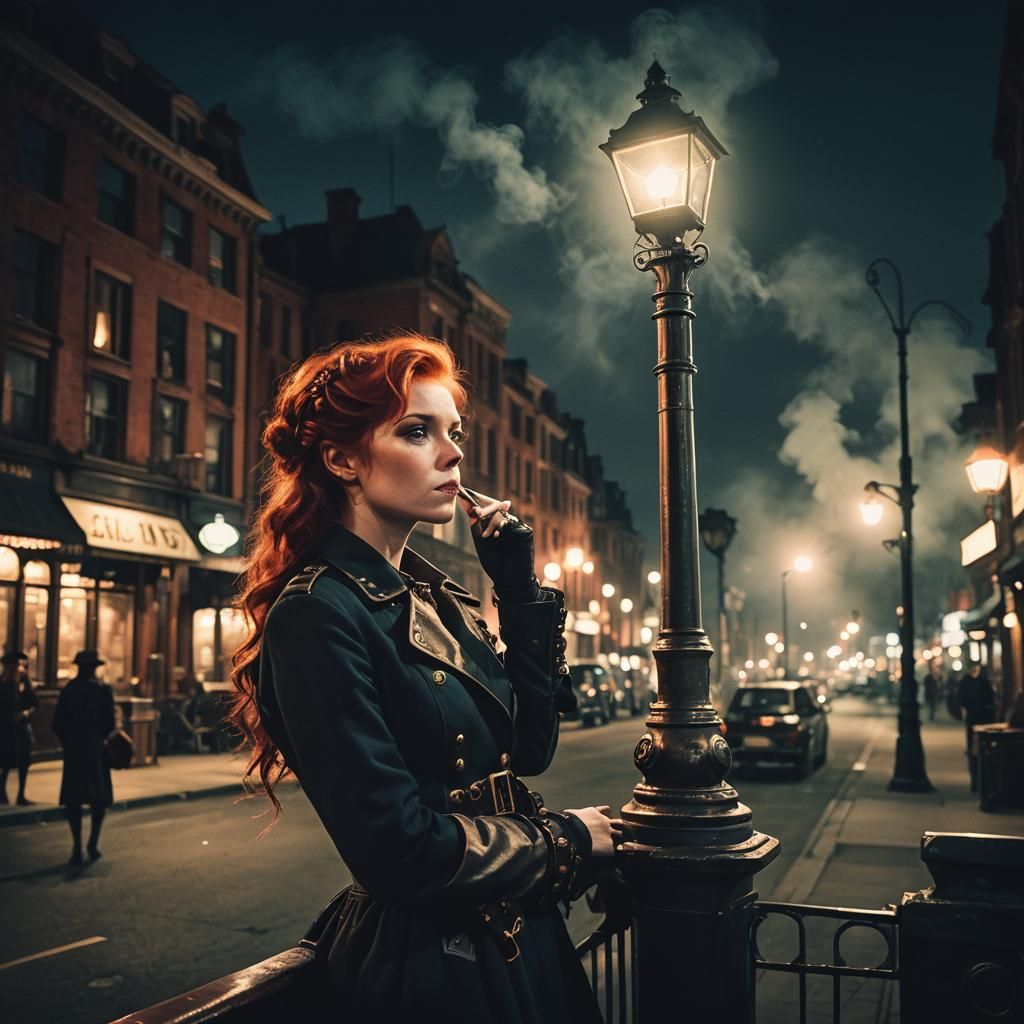 Steampunk Woman in City at Night