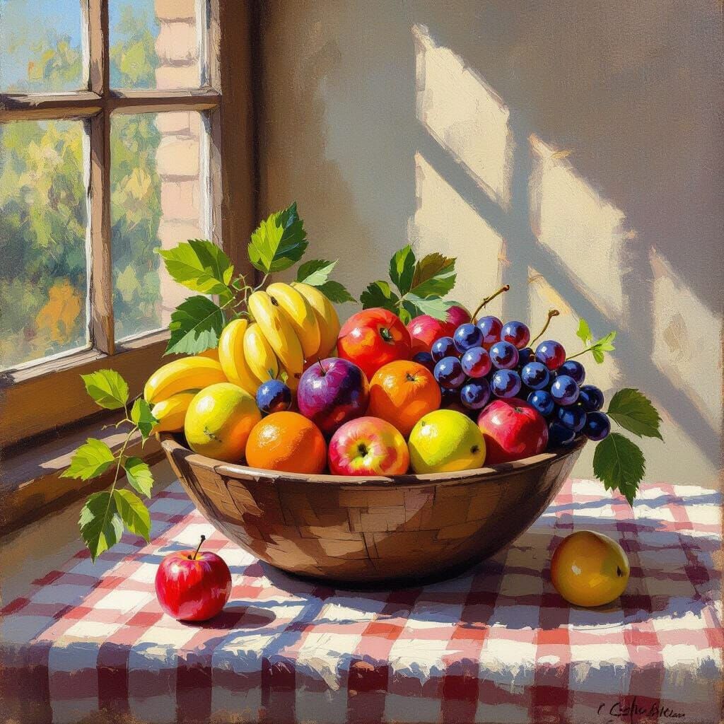 Impressionistic Still Life: Abundant Fruits in Rustic Bowl