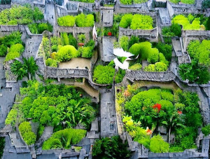 Fantasy Gardens and Buildings Bird's Eye View