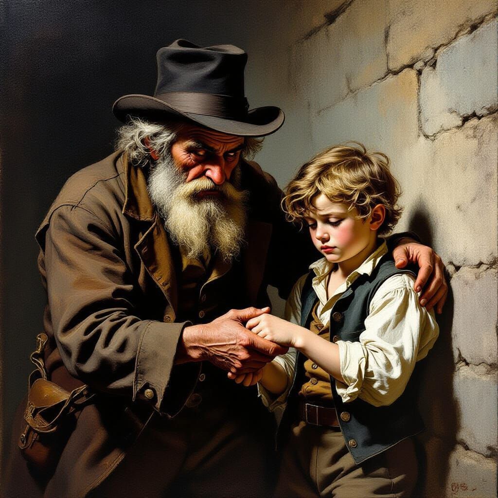 Fagin Teaches Oliver Twist to Pickpocket in Dramatic Oil Pai...
