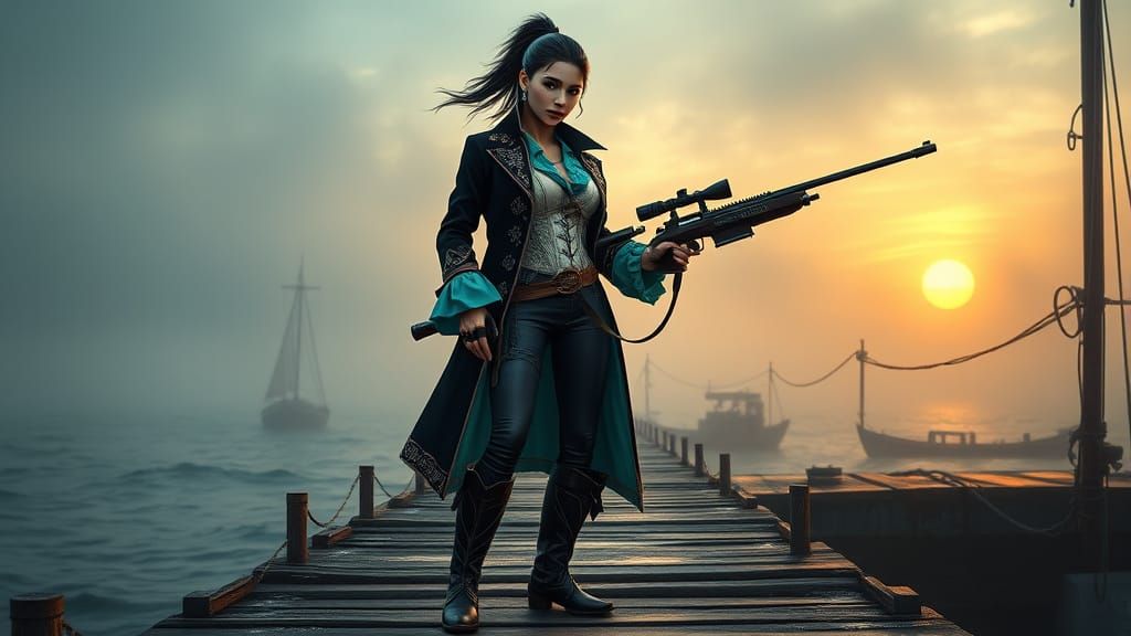 A tall, slender female monster hunter standing confidently o...