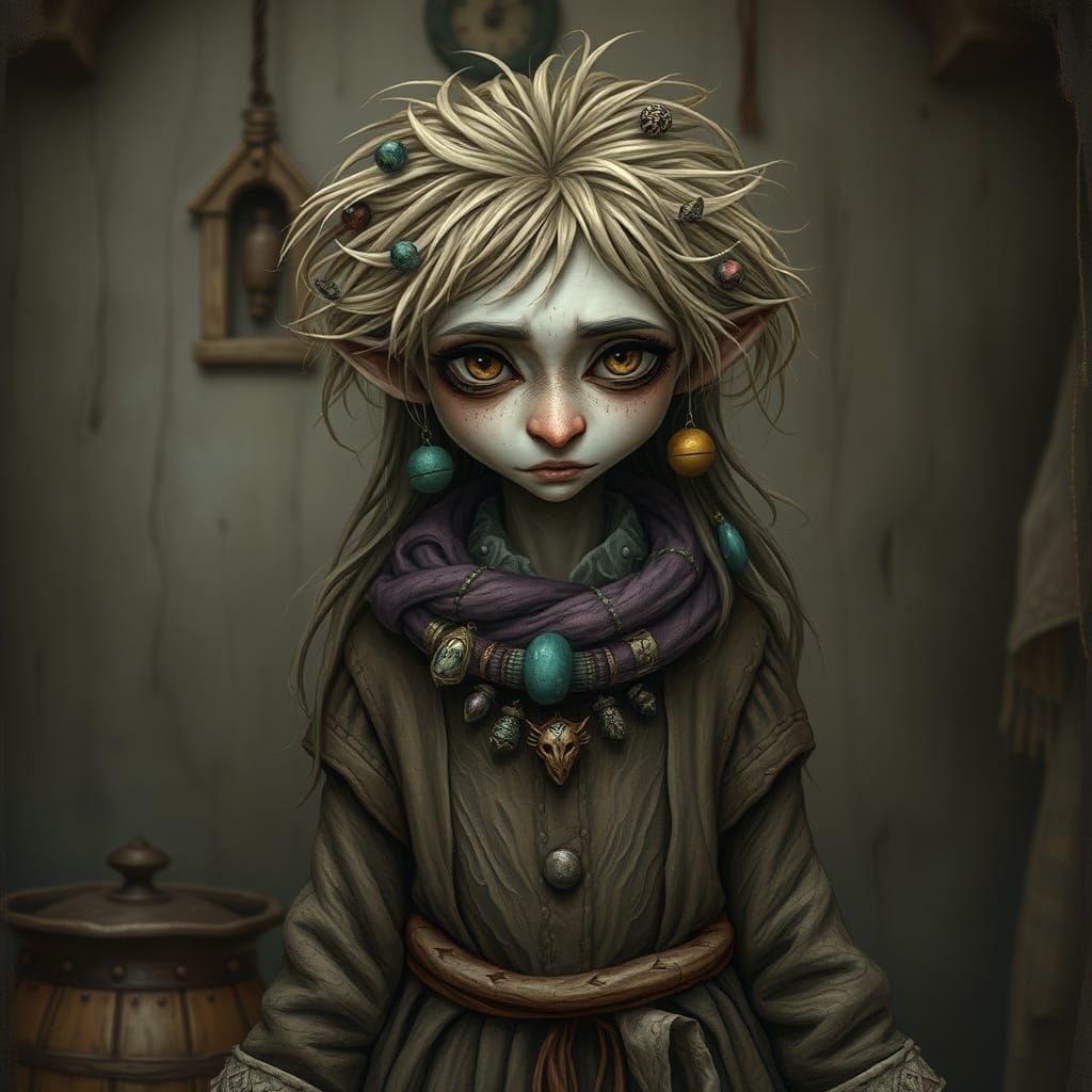 Whimsical Hag in Earthy Attire, Rendered in Josh Kirby Style