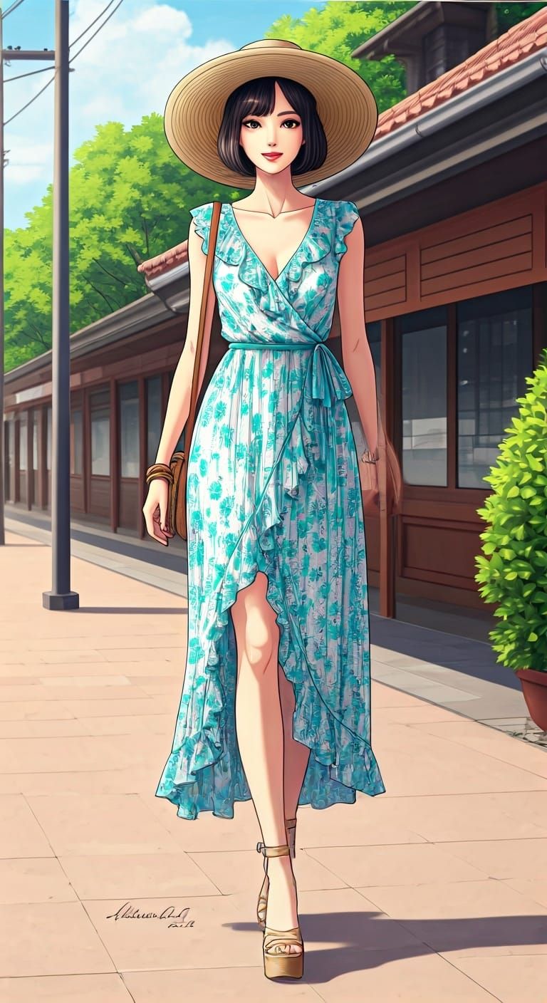 Thailandese Woman in Bohemian Summer Dress: Anime Style