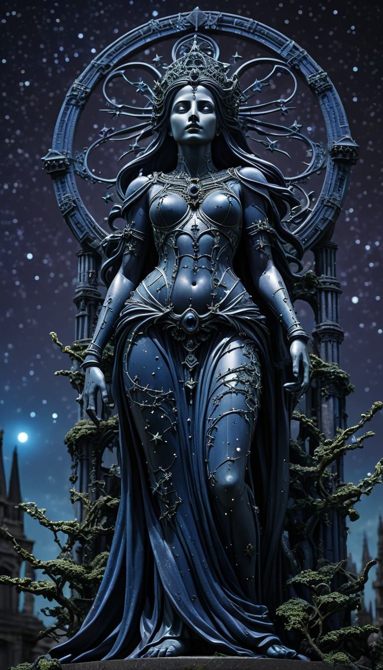 Moss-Covered Fertility Goddess Under Starry Gothic Skies