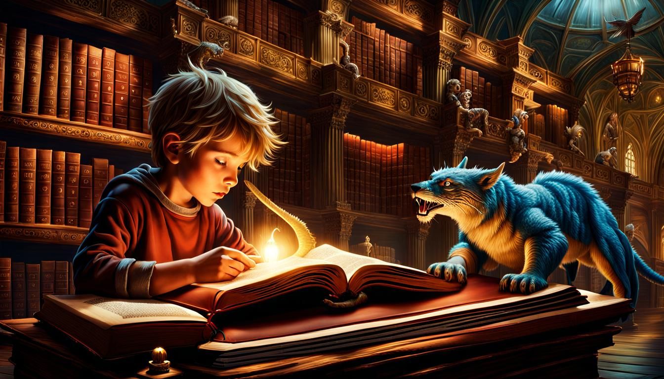 Boy Reads Ancient Book With Mythical Characters