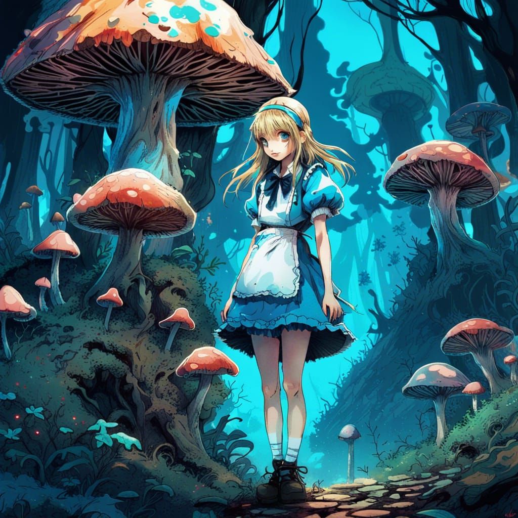 Alice in Wonderland on Blue Mushroom Hill, Anime Style