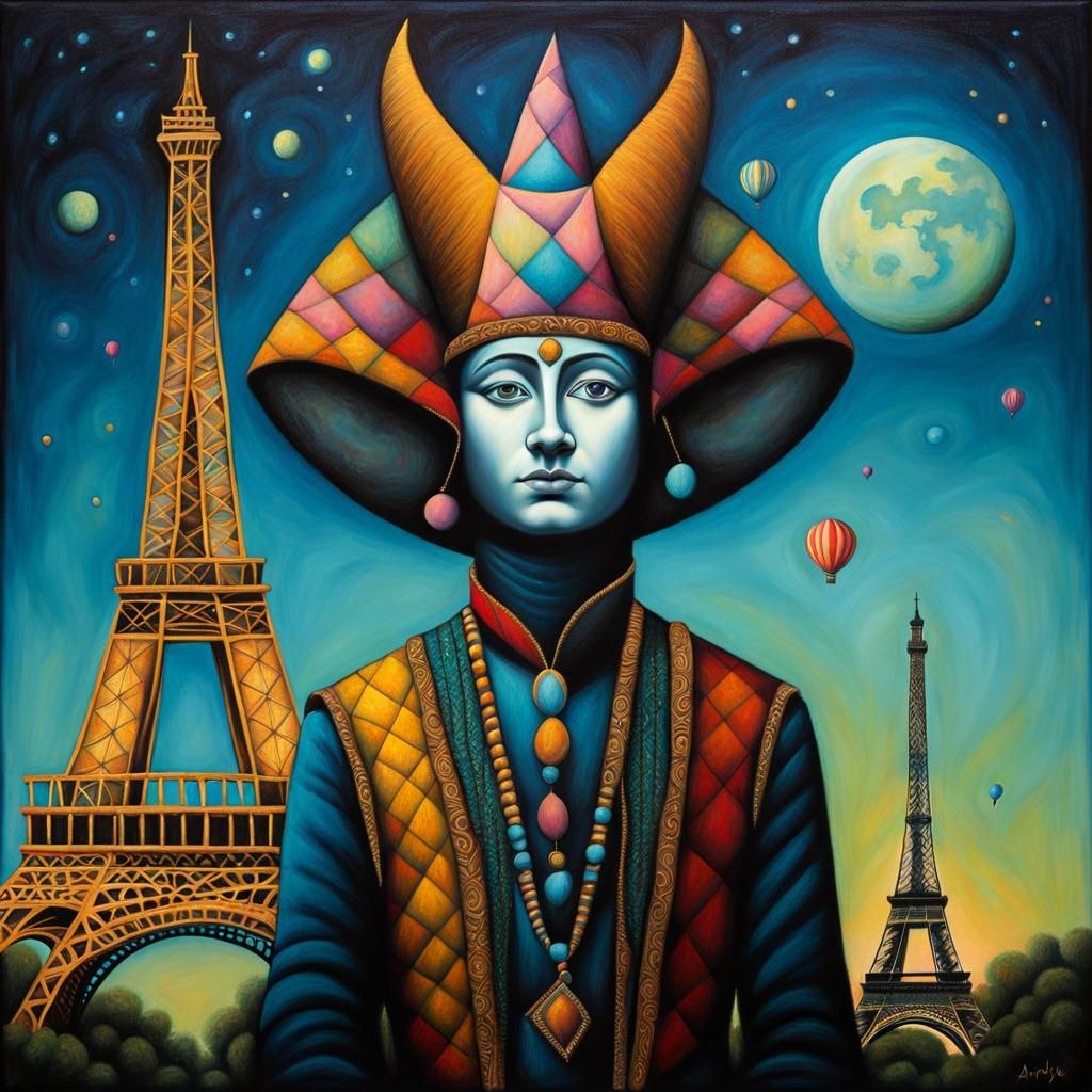 "Portrait, Shiva, Harlequin, Eiffel tower, Pastels, Stifling...