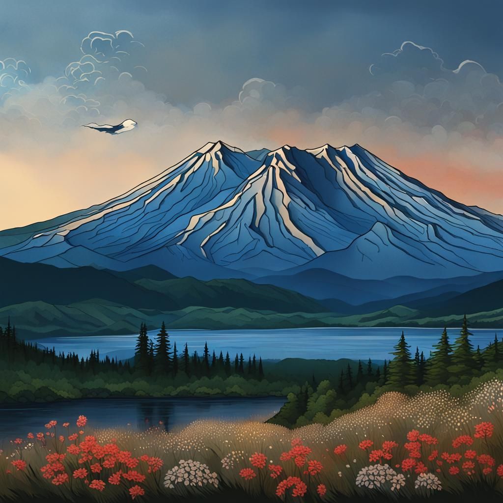 Mount St. Helens Storybook Illustration at Dawn