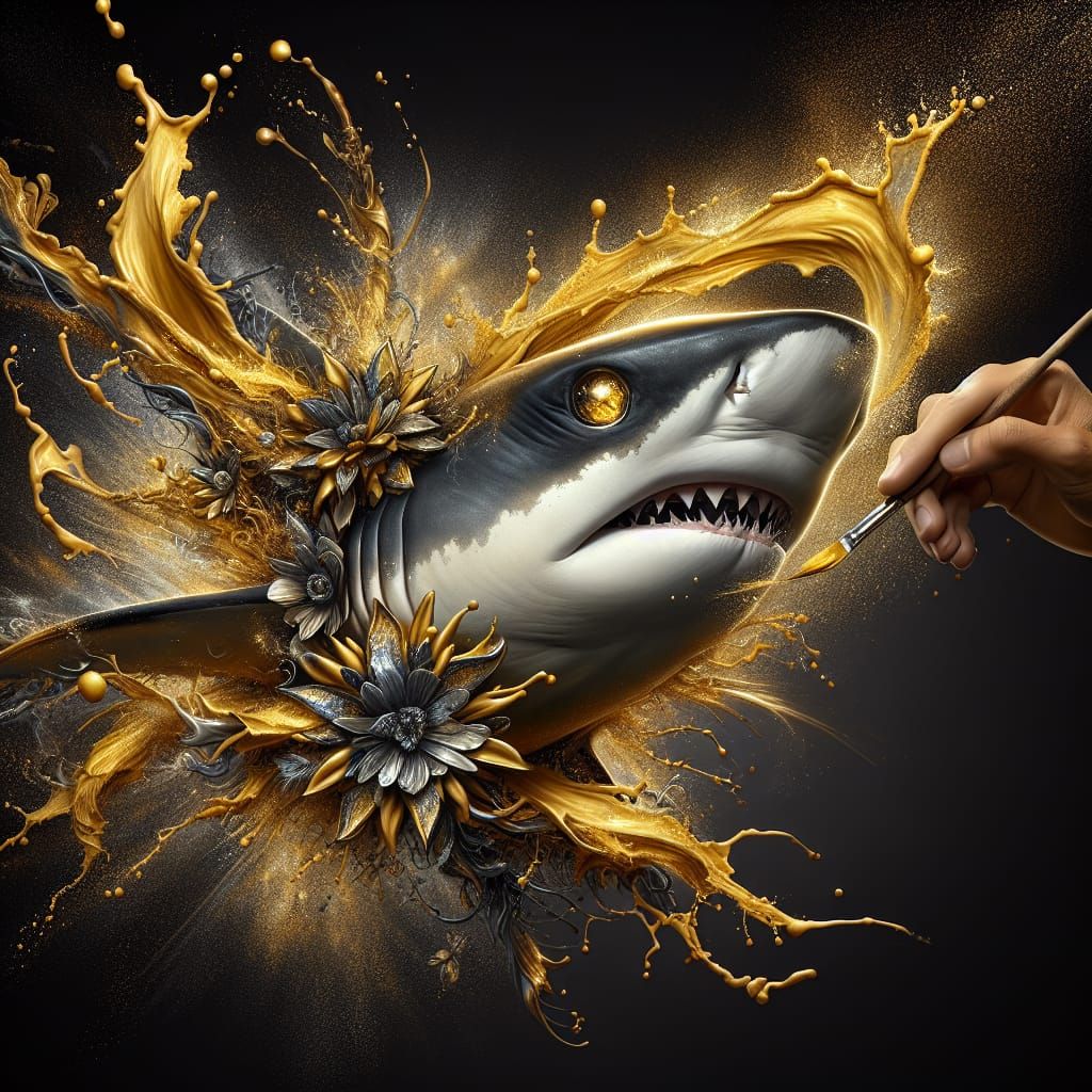 Golden Splashes Form a Majestic Basking Shark in Vibrant Con...
