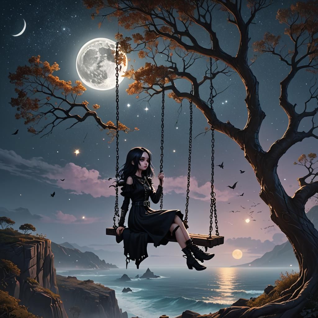 Goth Girl on Cliffside Swing Under Moonlight