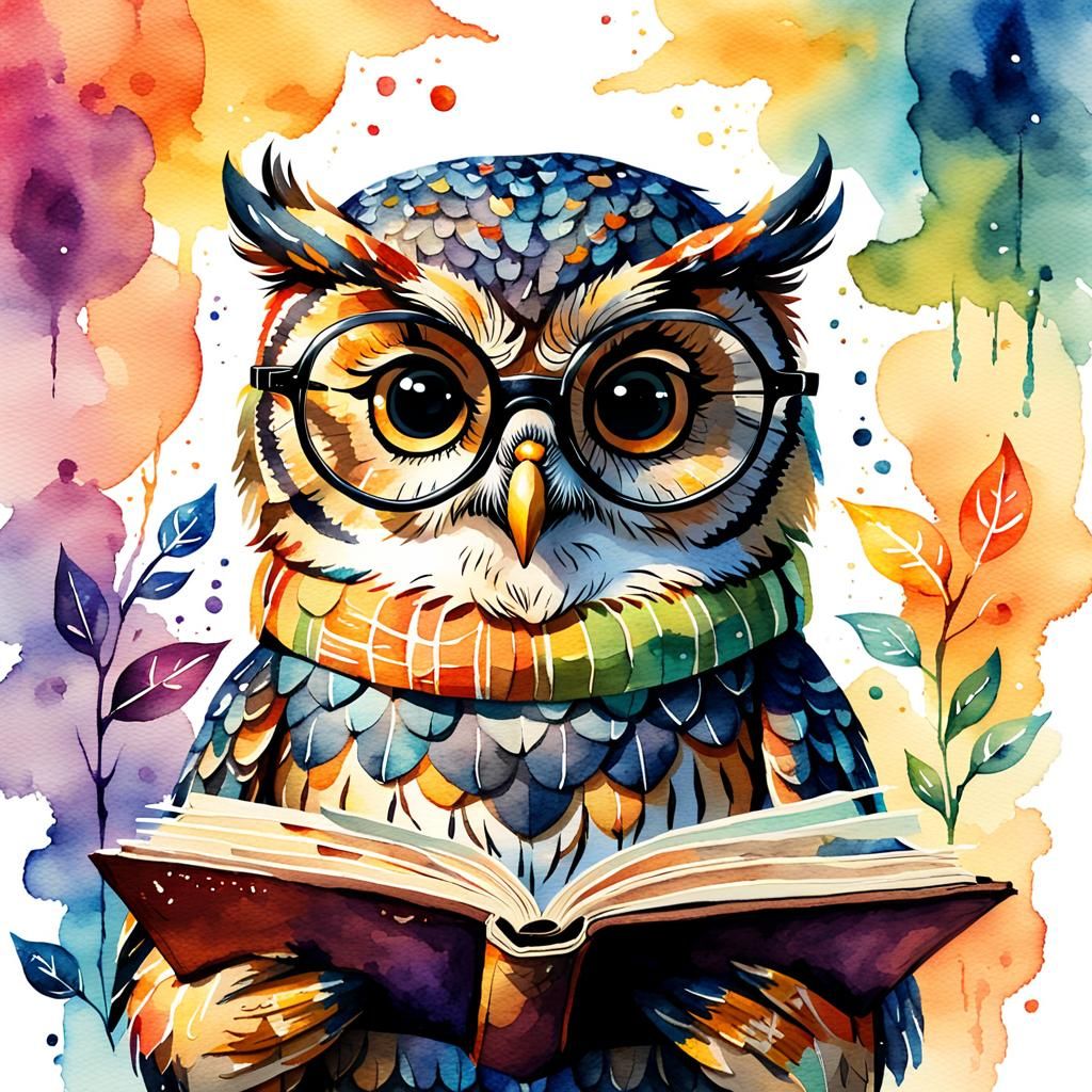 Whimsical Watercolor Owl Holding Book Illustration