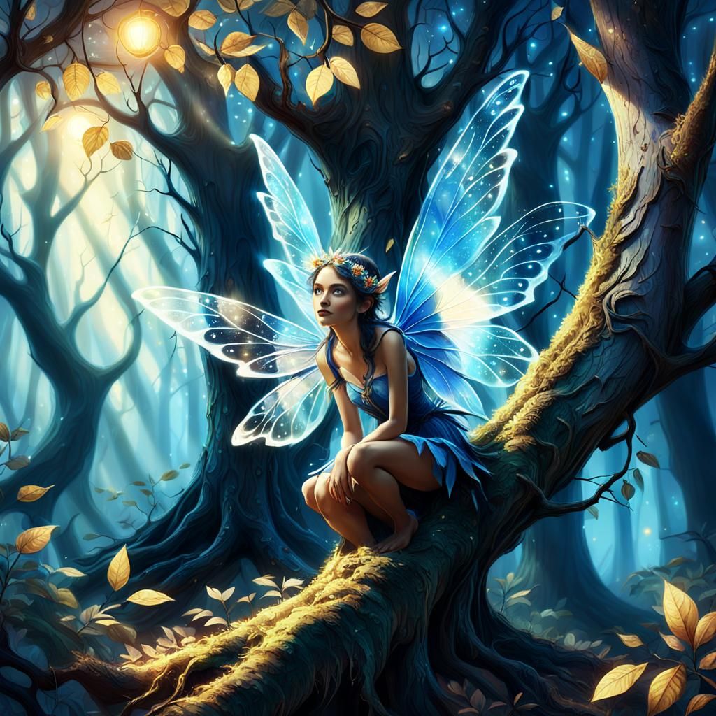 Mischievous Fairy Watching Traveler in Enchanted Forest